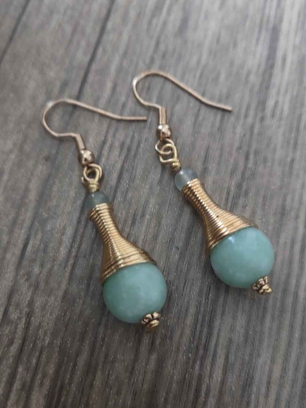 Gold-Tone Spiral Earrings with Seafoam Green Stone Beads